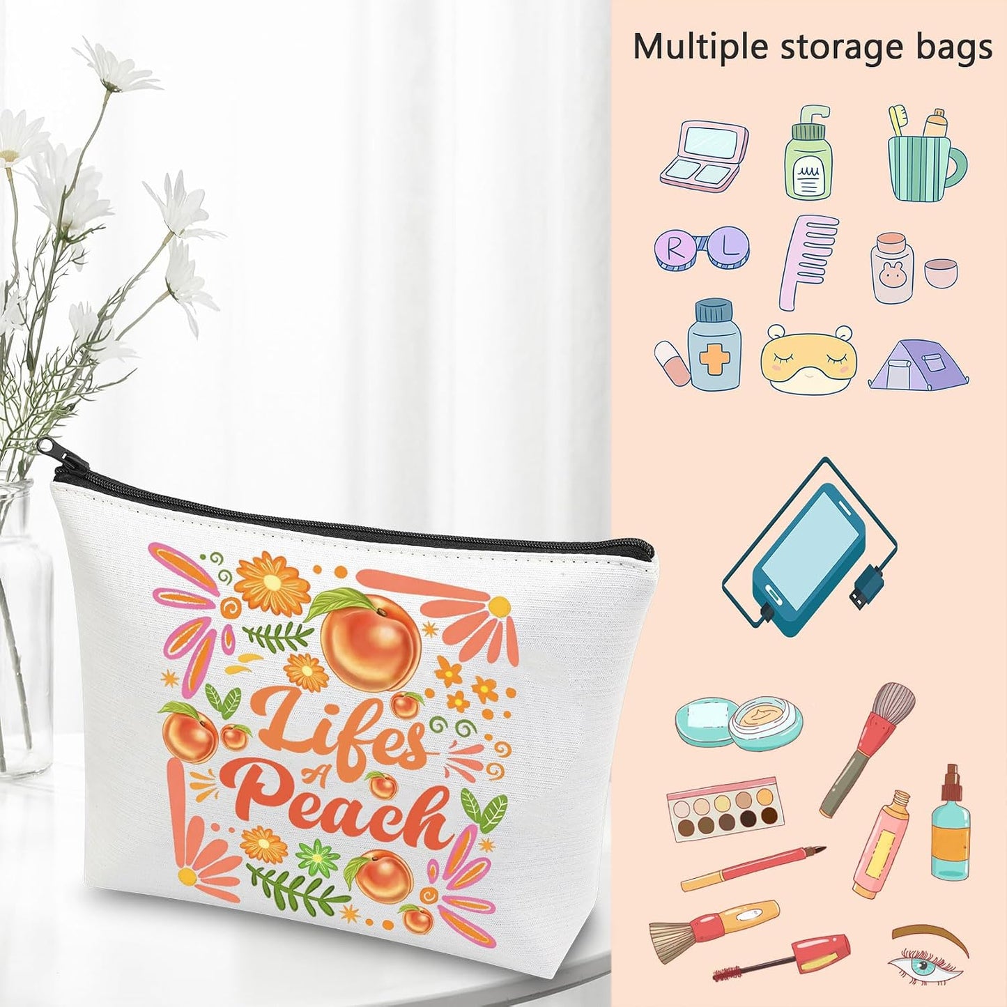 Peach Gifts for Women Peach Lover Makeup Bag Fruit Lover Gift Peachy Themed Cosmetic Bag (peachMBag)