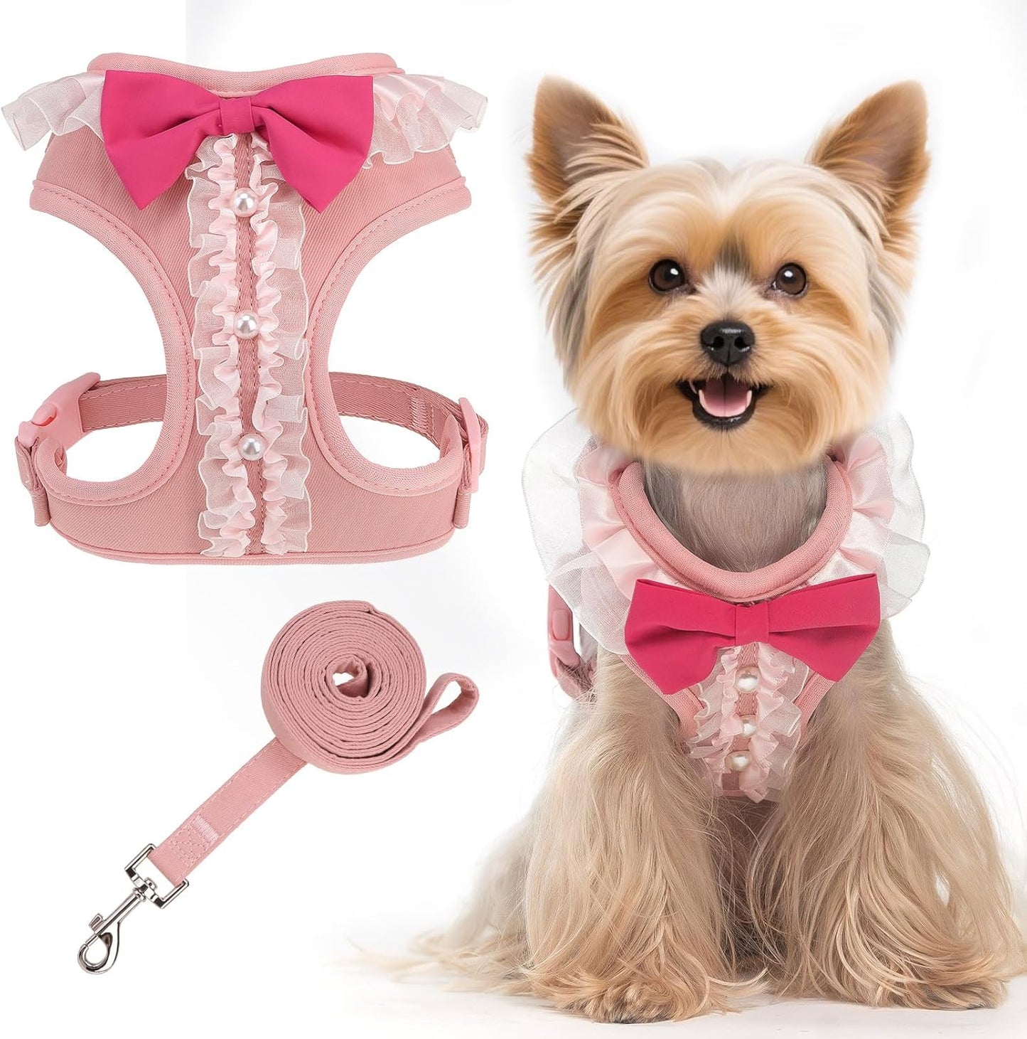 Cute Dog Harness, Pink Girl Adjustable No Pull Vest Harness and Leash Set, Soft Padded Step in Wedding Attire Suit Dress Costume with Bow Tie for Puppy Small Medium Female Dogs, Small