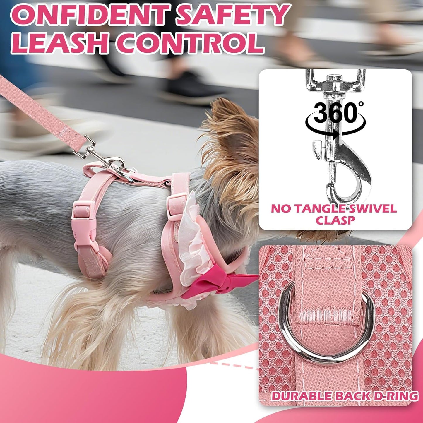 Cute Dog Harness, Pink Girl Adjustable No Pull Vest Harness and Leash Set, Soft Padded Step in Wedding Attire Suit Dress Costume with Bow Tie for Puppy Small Medium Female Dogs, Small