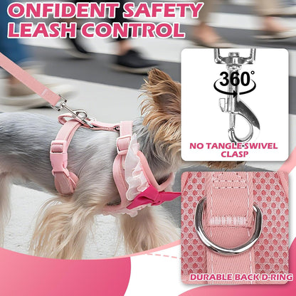 Cute Dog Harness, Pink Girl Adjustable No Pull Vest Harness and Leash Set, Soft Padded Step in Wedding Attire Suit Dress Costume with Bow Tie for Puppy Small Medium Female Dogs, Small