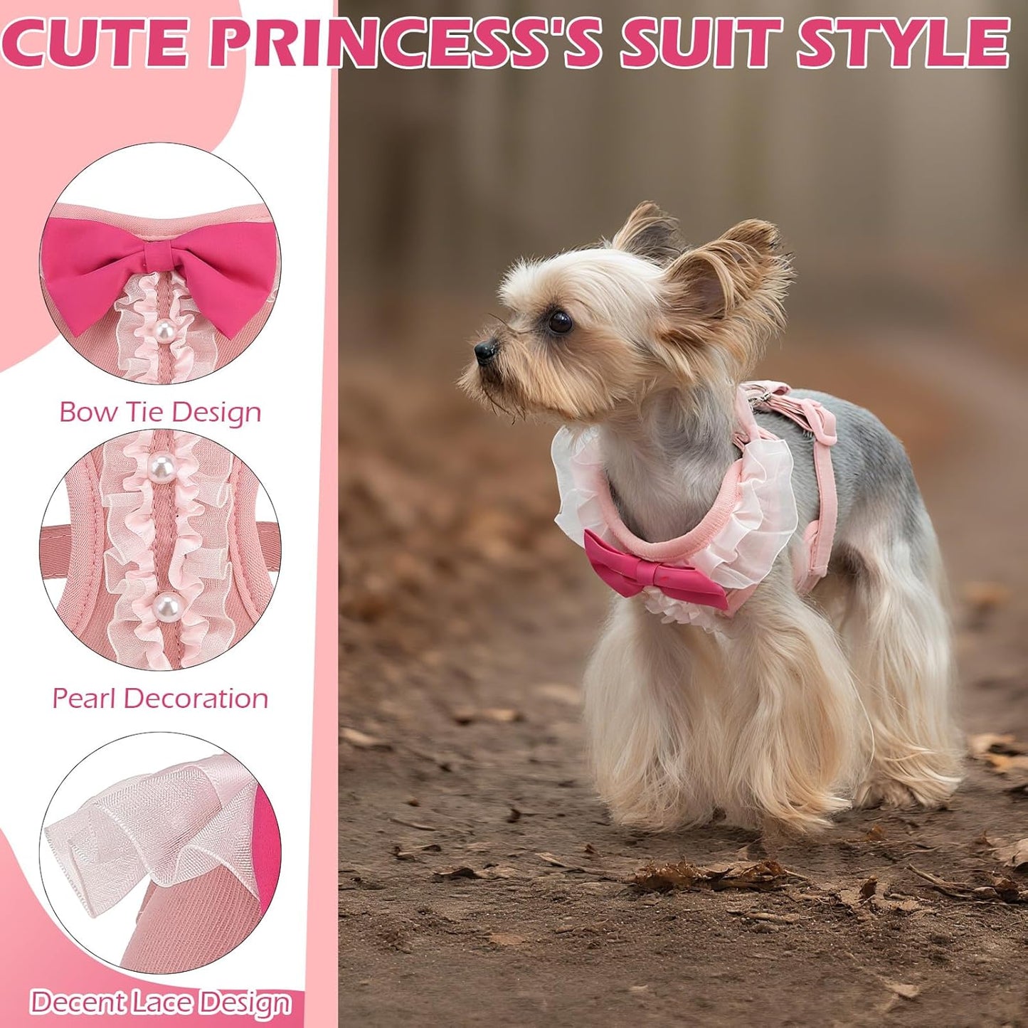 Cute Dog Harness, Pink Girl Adjustable No Pull Vest Harness and Leash Set, Soft Padded Step in Wedding Attire Suit Dress Costume with Bow Tie for Puppy Small Medium Female Dogs, Small