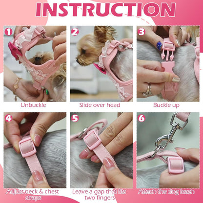 Cute Dog Harness, Pink Girl Adjustable No Pull Vest Harness and Leash Set, Soft Padded Step in Wedding Attire Suit Dress Costume with Bow Tie for Puppy Small Medium Female Dogs, Small