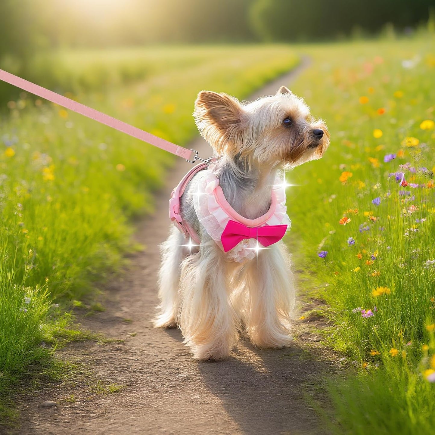 Cute Dog Harness, Pink Girl Adjustable No Pull Vest Harness and Leash Set, Soft Padded Step in Wedding Attire Suit Dress Costume with Bow Tie for Puppy Small Medium Female Dogs, Small