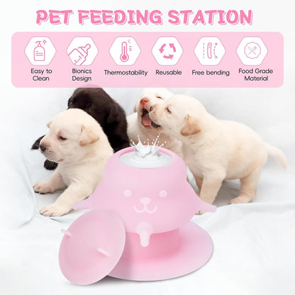 2Pcs Puppy Milk Feeder Nursing Station, Dispenser Food Grade Silicone with 4 Dummy Nipples 230ml Capacity for Newborn Puppies, Rabbits, Kittens (Pink, Yellow)