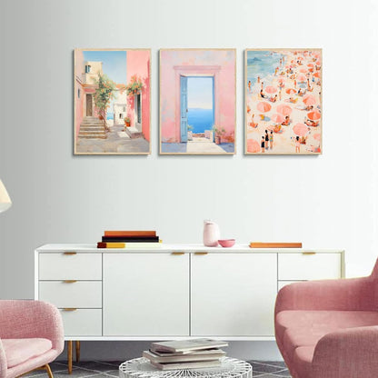 3Pcs Trendy Pink Beach Wall Art Pastel Preppy Coastal Ocean Painting Picture Wall Decor Retro Sea Beachy Scene Canvas Posters Print Artwork for Teen Girl Dorm Girls Room Aesthetic Decor 12x16in Poster