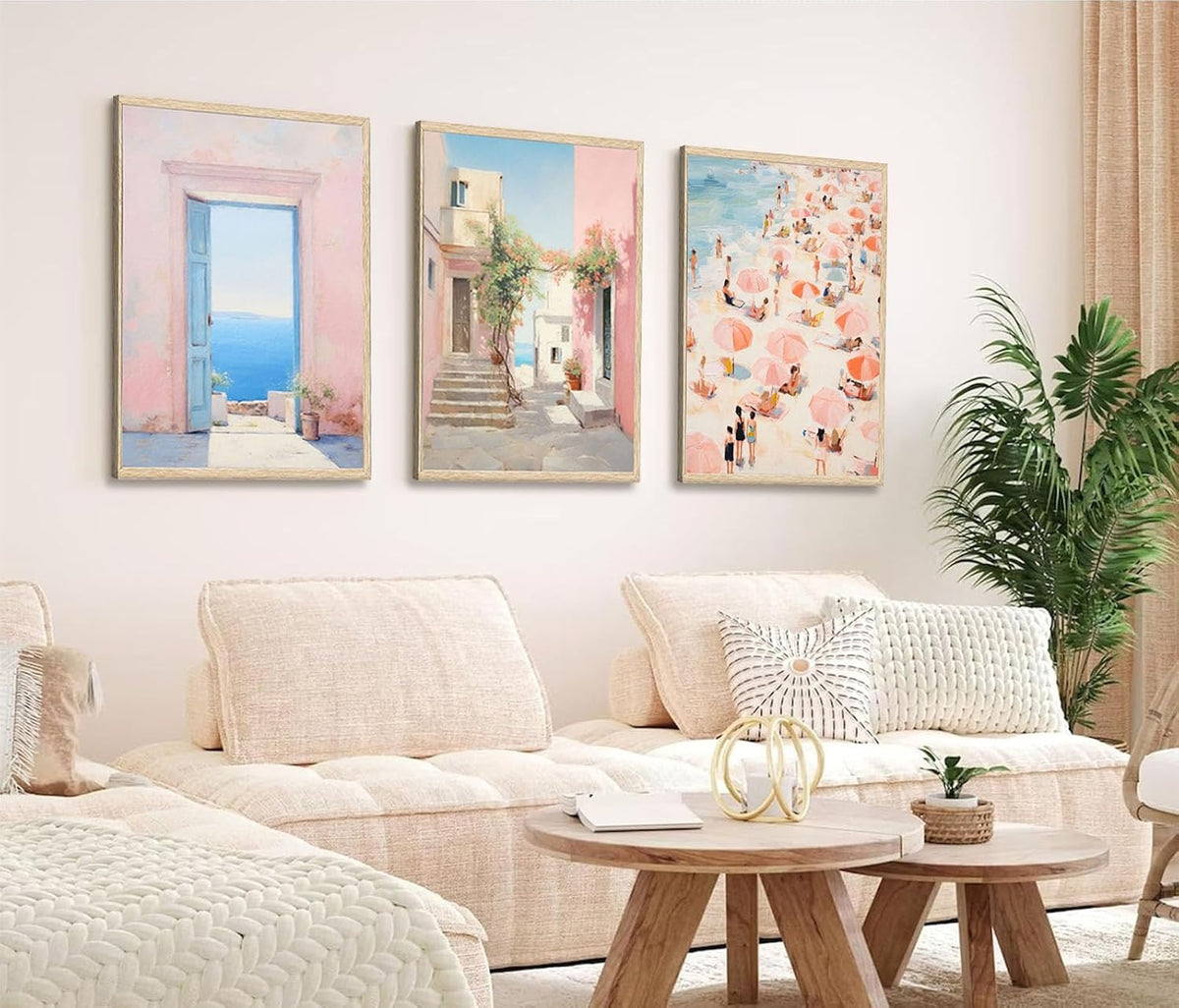 3Pcs Trendy Pink Beach Wall Art Pastel Preppy Coastal Ocean Painting Picture Wall Decor Retro Sea Beachy Scene Canvas Posters Print Artwork for Teen Girl Dorm Girls Room Aesthetic Decor 12x16in Poster