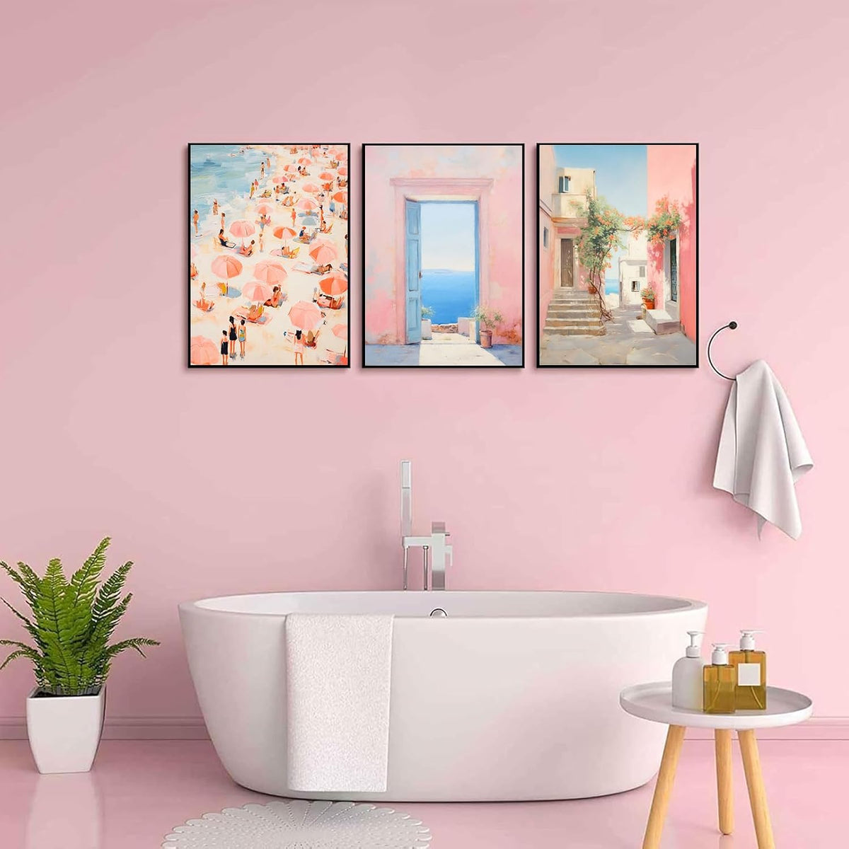 3Pcs Trendy Pink Beach Wall Art Pastel Preppy Coastal Ocean Painting Picture Wall Decor Retro Sea Beachy Scene Canvas Posters Print Artwork for Teen Girl Dorm Girls Room Aesthetic Decor 12x16in Poster