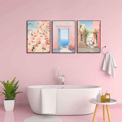 3Pcs Trendy Pink Beach Wall Art Pastel Preppy Coastal Ocean Painting Picture Wall Decor Retro Sea Beachy Scene Canvas Posters Print Artwork for Teen Girl Dorm Girls Room Aesthetic Decor 12x16in Poster