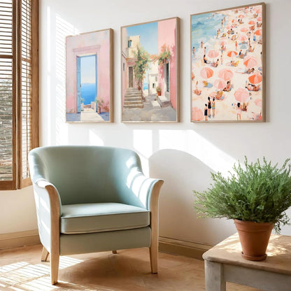 3Pcs Trendy Pink Beach Wall Art Pastel Preppy Coastal Ocean Painting Picture Wall Decor Retro Sea Beachy Scene Canvas Posters Print Artwork for Teen Girl Dorm Girls Room Aesthetic Decor 12x16in Poster