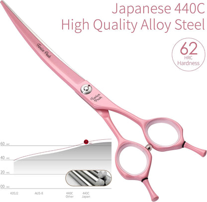 Curved Dog Grooming Scissors with Pink Color Coating 440C Stainless Steel Pet Grooming Bending Shears Sharp and Durable Comfortable Engonomic Handle