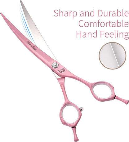 Curved Dog Grooming Scissors with Pink Color Coating 440C Stainless Steel Pet Grooming Bending Shears Sharp and Durable Comfortable Engonomic Handle