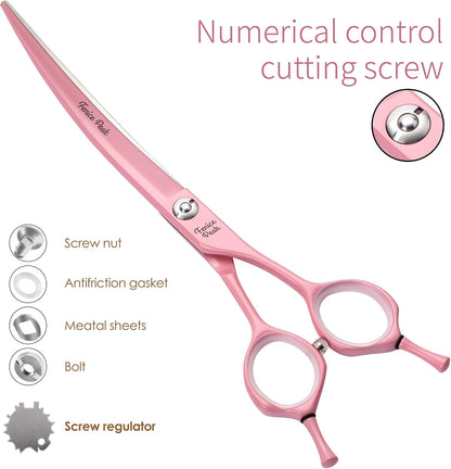 Curved Dog Grooming Scissors with Pink Color Coating 440C Stainless Steel Pet Grooming Bending Shears Sharp and Durable Comfortable Engonomic Handle