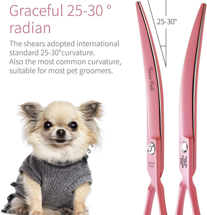 Curved Dog Grooming Scissors with Pink Color Coating 440C Stainless Steel Pet Grooming Bending Shears Sharp and Durable Comfortable Engonomic Handle