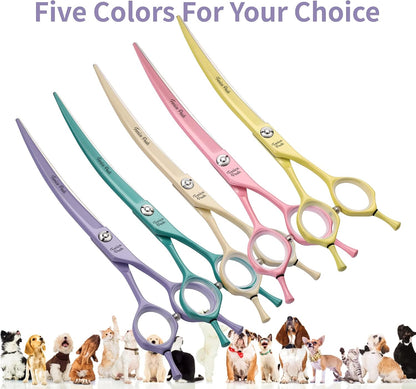 Curved Dog Grooming Scissors with Pink Color Coating 440C Stainless Steel Pet Grooming Bending Shears Sharp and Durable Comfortable Engonomic Handle