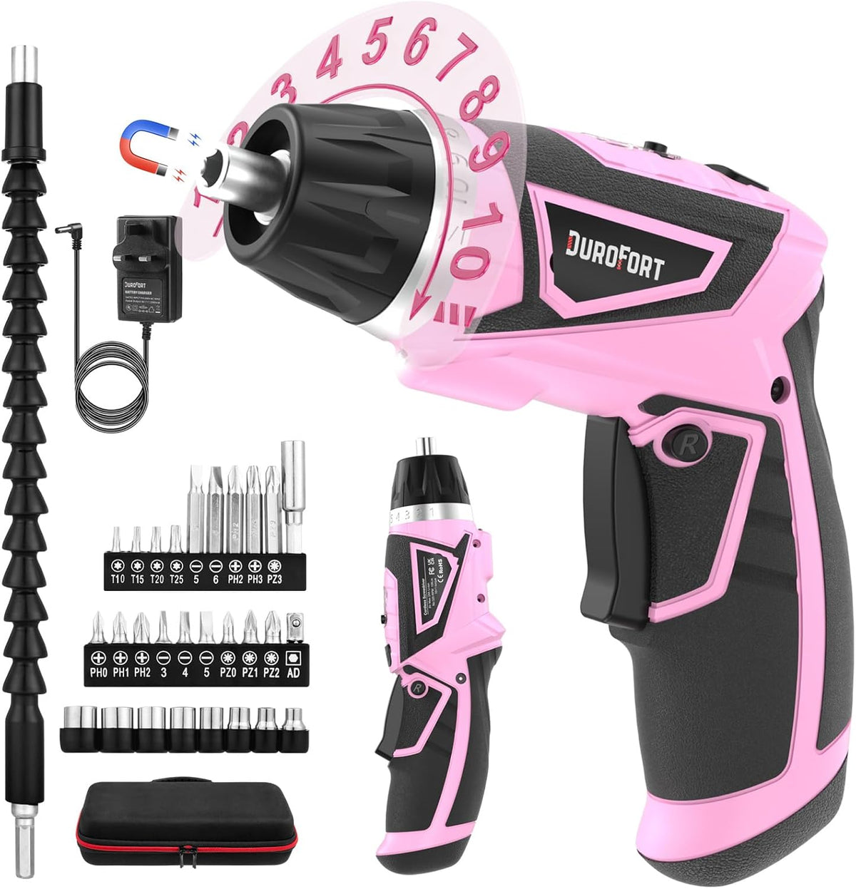 Cordless Electric Screwdriver Set, 8V 10Nm Rechargeable Power Electric Drill, Battery Screw Gun with Driver Bit, 320RPM/10+1 Torque, 2 Position Handle, Flexible Shaft LED Light (Pink, 39Pcs)