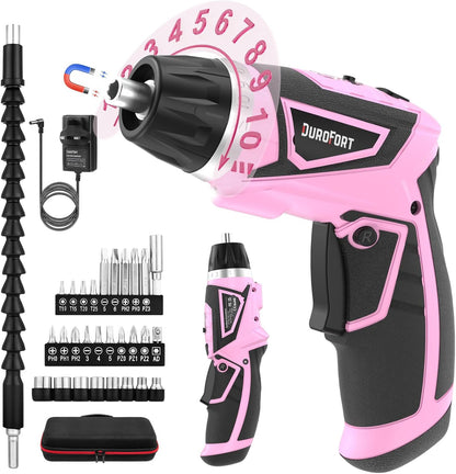 Cordless Electric Screwdriver Set, 8V 10Nm Rechargeable Power Electric Drill, Battery Screw Gun with Driver Bit, 320RPM/10+1 Torque, 2 Position Handle, Flexible Shaft LED Light (Pink, 39Pcs)