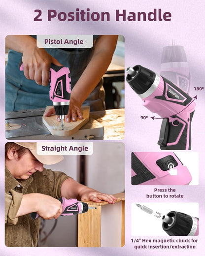 Cordless Electric Screwdriver Set, 8V 10Nm Rechargeable Power Electric Drill, Battery Screw Gun with Driver Bit, 320RPM/10+1 Torque, 2 Position Handle, Flexible Shaft LED Light (Pink, 39Pcs)