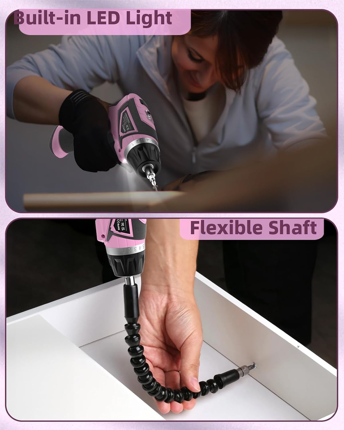 Cordless Electric Screwdriver Set, 8V 10Nm Rechargeable Power Electric Drill, Battery Screw Gun with Driver Bit, 320RPM/10+1 Torque, 2 Position Handle, Flexible Shaft LED Light (Pink, 39Pcs)