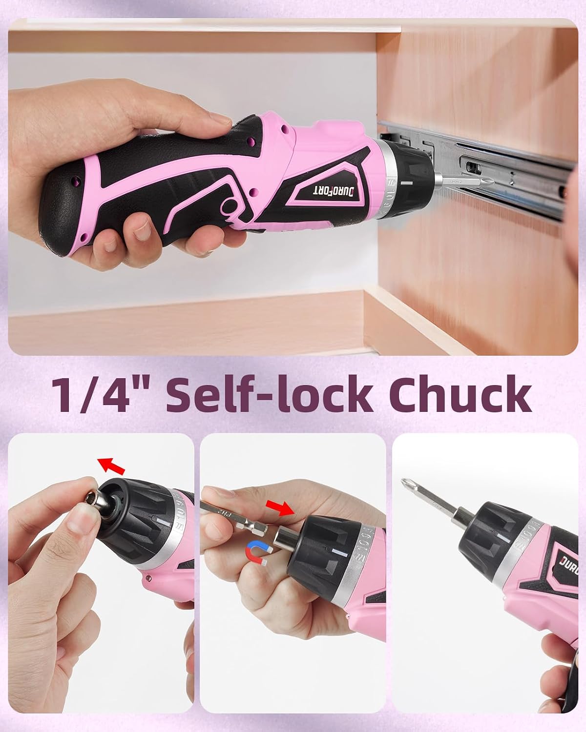 Cordless Electric Screwdriver Set, 8V 10Nm Rechargeable Power Electric Drill, Battery Screw Gun with Driver Bit, 320RPM/10+1 Torque, 2 Position Handle, Flexible Shaft LED Light (Pink, 39Pcs)