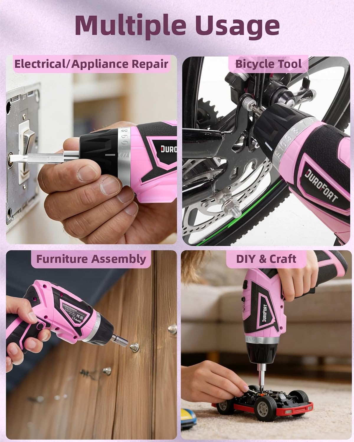 Cordless Electric Screwdriver Set, 8V 10Nm Rechargeable Power Electric Drill, Battery Screw Gun with Driver Bit, 320RPM/10+1 Torque, 2 Position Handle, Flexible Shaft LED Light (Pink, 39Pcs)