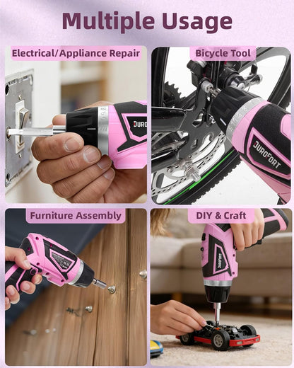 Cordless Electric Screwdriver Set, 8V 10Nm Rechargeable Power Electric Drill, Battery Screw Gun with Driver Bit, 320RPM/10+1 Torque, 2 Position Handle, Flexible Shaft LED Light (Pink, 39Pcs)