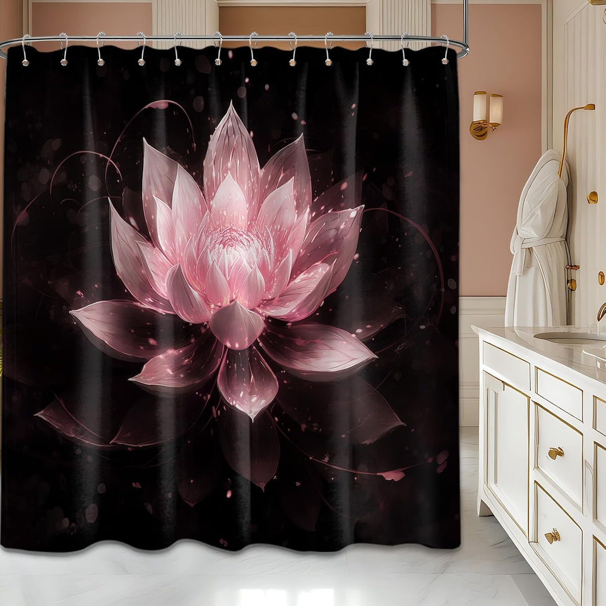 Light Pink and Black Shower Curtain, 72x72 in, Lotus Flower Girls
