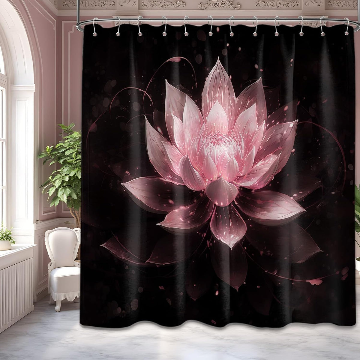 Light Pink and Black Shower Curtain, 72x72 in, Lotus Flower Girls