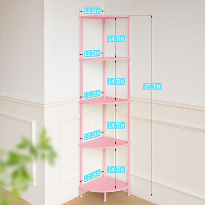 Corner Shelf Stand, 5-Tier Bookshelf, 65" Tall Shelves for Bedroom, Living Room, Narrow Display Bookcase, Pink with Display Shelves for Office