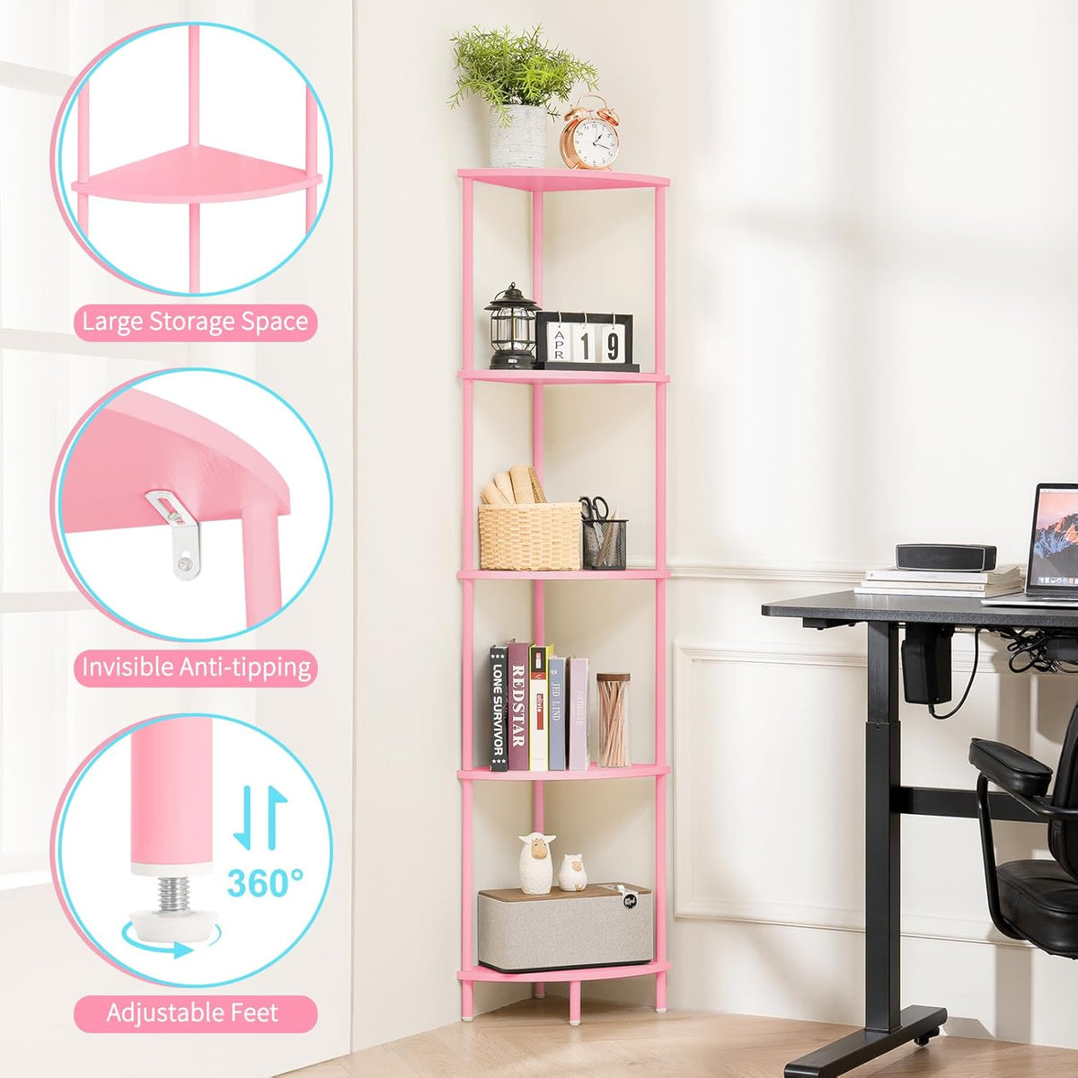 Corner Shelf Stand, 5-Tier Bookshelf, 65" Tall Shelves for Bedroom, Living Room, Narrow Display Bookcase, Pink with Display Shelves for Office