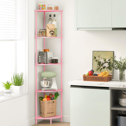 Corner Shelf Stand, 5-Tier Bookshelf, 65" Tall Shelves for Bedroom, Living Room, Narrow Display Bookcase, Pink with Display Shelves for Office
