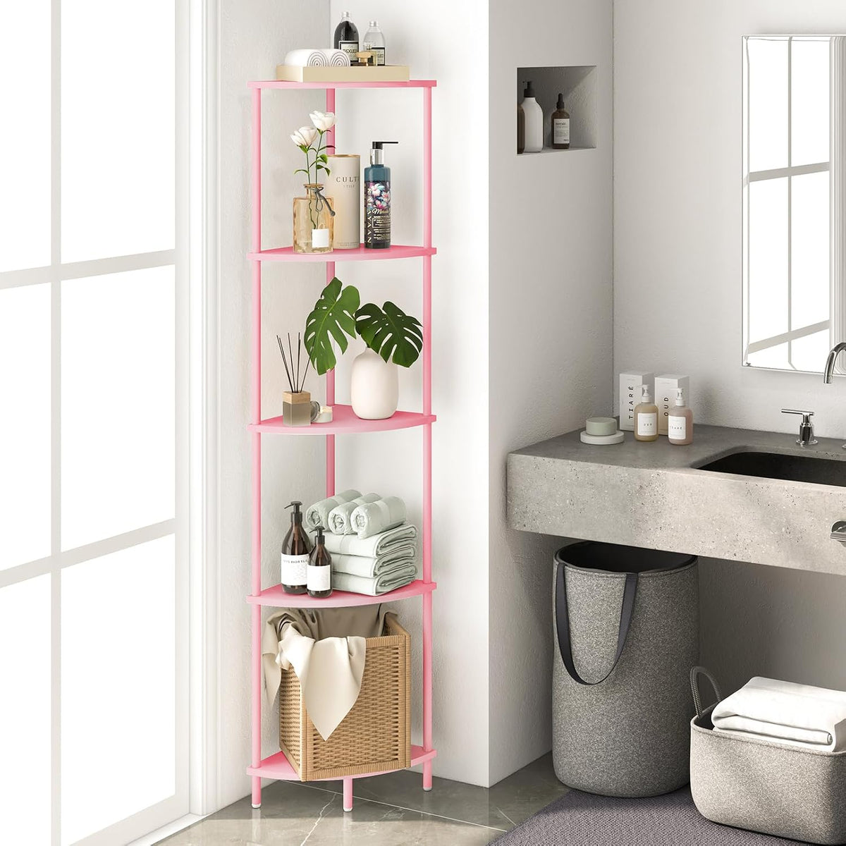 Corner Shelf Stand, 5-Tier Bookshelf, 65" Tall Shelves for Bedroom, Living Room, Narrow Display Bookcase, Pink with Display Shelves for Office