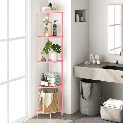 Corner Shelf Stand, 5-Tier Bookshelf, 65" Tall Shelves for Bedroom, Living Room, Narrow Display Bookcase, Pink with Display Shelves for Office
