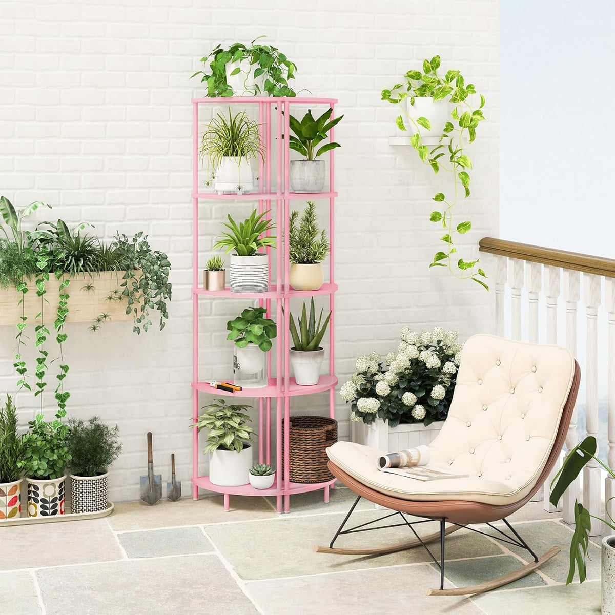 Corner Shelf Stand, 5-Tier Bookshelf, 65" Tall Shelves for Bedroom, Living Room, Narrow Display Bookcase, Pink with Display Shelves for Office