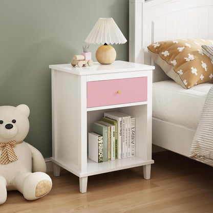 Nightstand with Drawer for Kids, Adults, Wood Bed Side Table with Storage Shelf, Night Stand for Bedroom, 2-Tier Storage End Table for Living Room, White + Pink