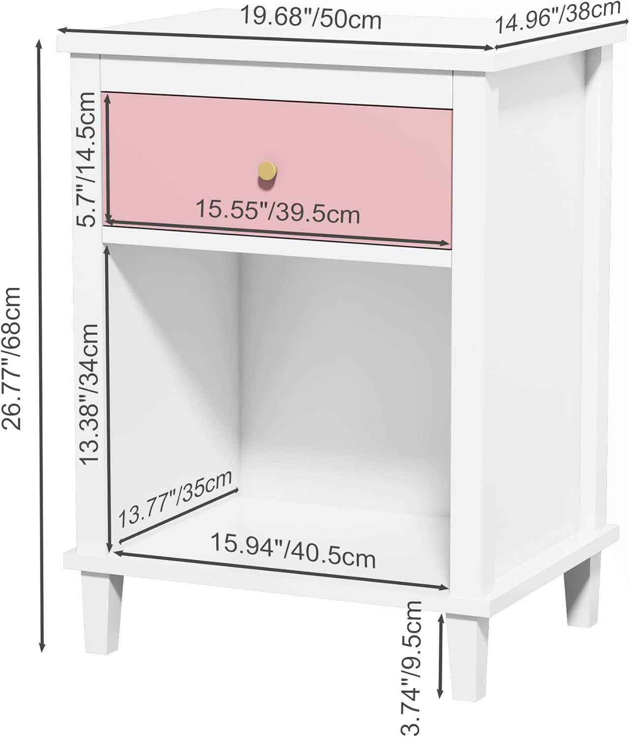 Nightstand with Drawer for Kids, Adults, Wood Bed Side Table with Storage Shelf, Night Stand for Bedroom, 2-Tier Storage End Table for Living Room, White + Pink