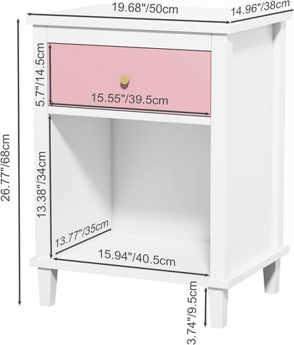 Nightstand with Drawer for Kids, Adults, Wood Bed Side Table with Storage Shelf, Night Stand for Bedroom, 2-Tier Storage End Table for Living Room, White + Pink