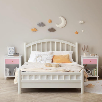 Nightstand with Drawer for Kids, Adults, Wood Bed Side Table with Storage Shelf, Night Stand for Bedroom, 2-Tier Storage End Table for Living Room, White + Pink