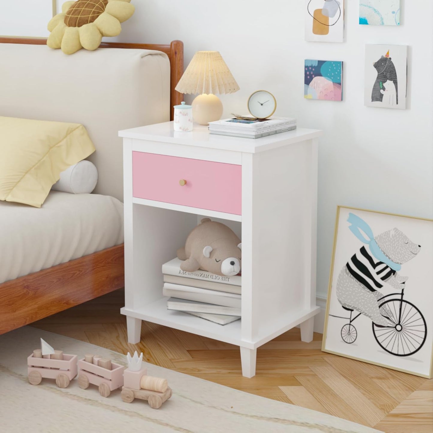 Nightstand with Drawer for Kids, Adults, Wood Bed Side Table with Storage Shelf, Night Stand for Bedroom, 2-Tier Storage End Table for Living Room, White + Pink