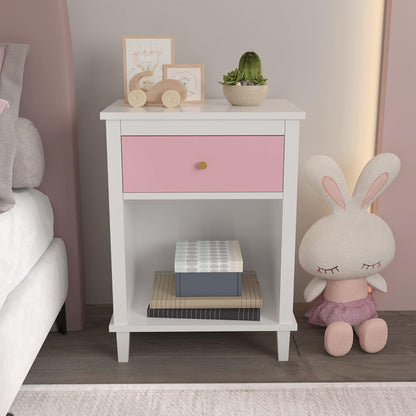 Nightstand with Drawer for Kids, Adults, Wood Bed Side Table with Storage Shelf, Night Stand for Bedroom, 2-Tier Storage End Table for Living Room, White + Pink