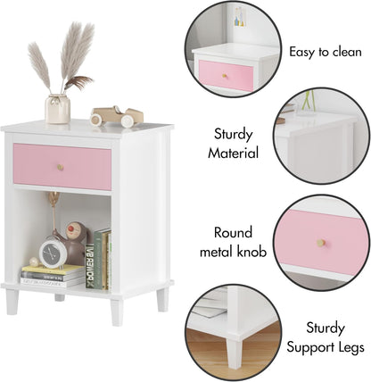 Nightstand with Drawer for Kids, Adults, Wood Bed Side Table with Storage Shelf, Night Stand for Bedroom, 2-Tier Storage End Table for Living Room, White + Pink