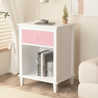 Nightstand with Drawer for Kids, Adults, Wood Bed Side Table with Storage Shelf, Night Stand for Bedroom, 2-Tier Storage End Table for Living Room, White + Pink