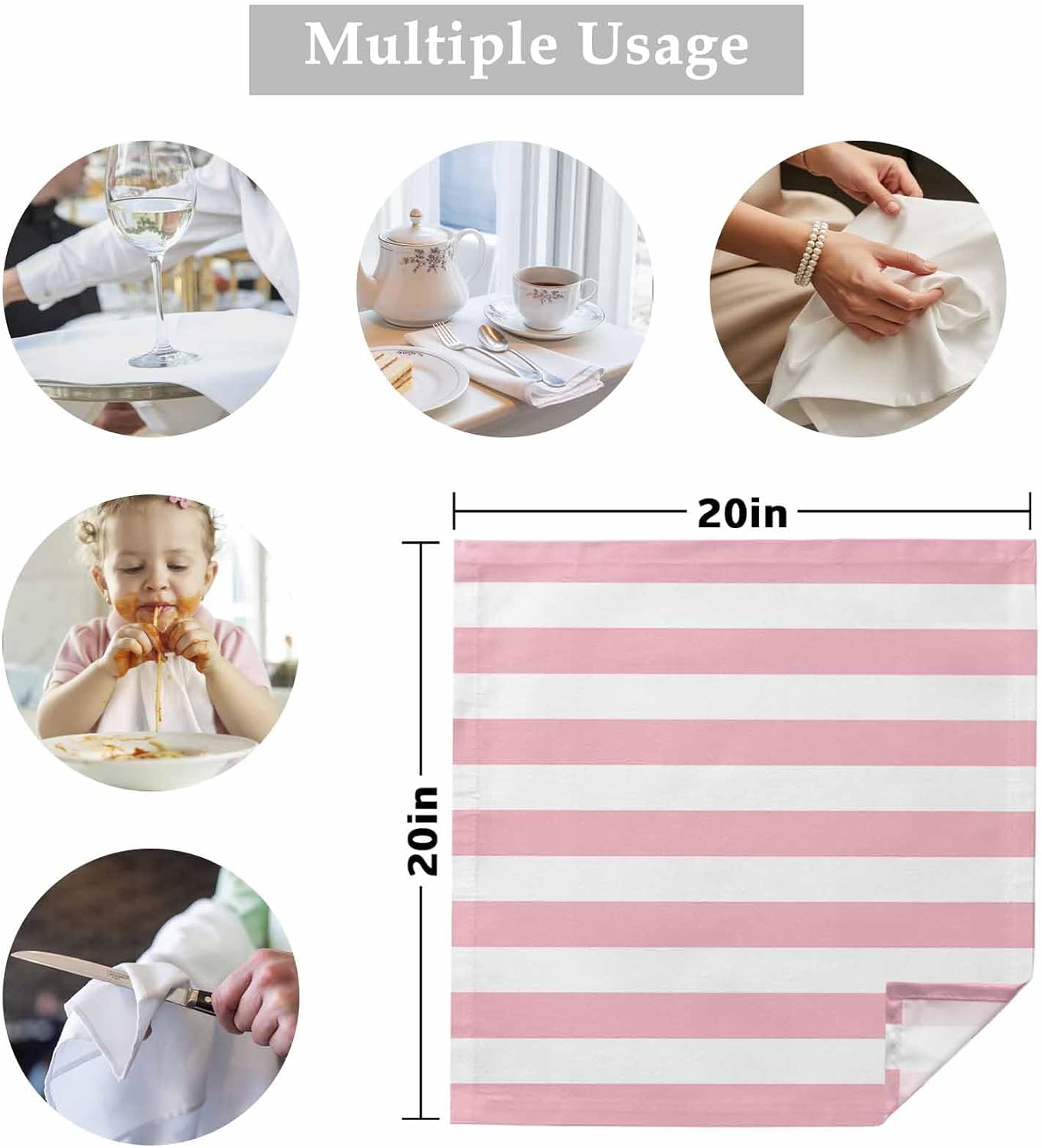 Cloth Napkins Set of 4 Pink and White Stripes 20x20 Inch Washable Dinner Napkin Striped Simple Style Reusable Soft Table Napkins for Party Wedding Restaurant Hotel