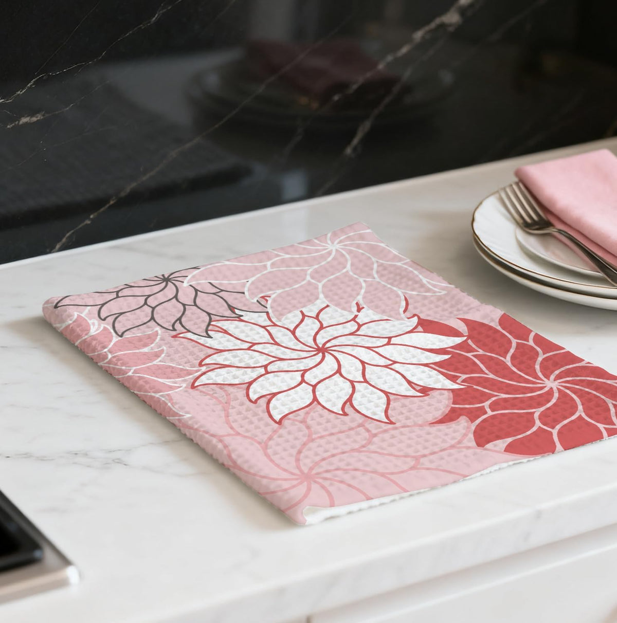 Boho Floral Abstract Waffle Towel, Flower Hand Towel for Bathroom Decor, 16x24 Inch Neutral Pink Flower Dish Tea Towel Decor for Kitchen/Bath/SPA,Gift for Friends.