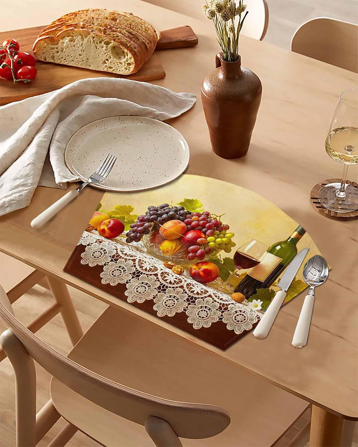 Round Table Placemats Set of 4, Rustic Grape Peach Apples Wine Wedge Table Mat Washable Placemat, Realistic Fruit Oil Painting Fan Shape Place Mats for Kitchen Indoor Outdoor