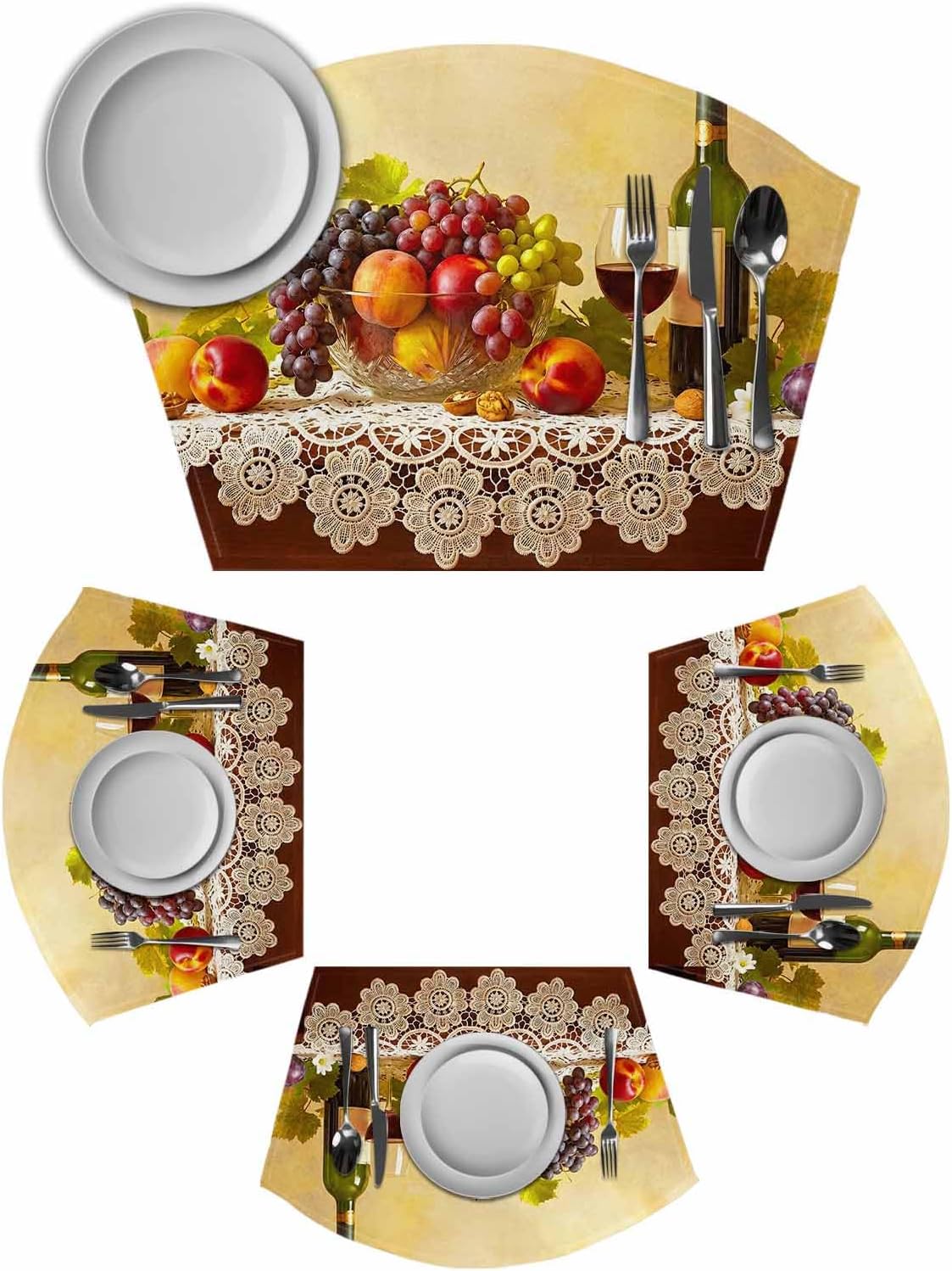 Round Table Placemats Set of 4, Rustic Grape Peach Apples Wine Wedge Table Mat Washable Placemat, Realistic Fruit Oil Painting Fan Shape Place Mats for Kitchen Indoor Outdoor