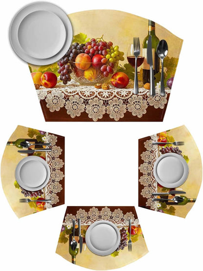 Round Table Placemats Set of 4, Rustic Grape Peach Apples Wine Wedge Table Mat Washable Placemat, Realistic Fruit Oil Painting Fan Shape Place Mats for Kitchen Indoor Outdoor