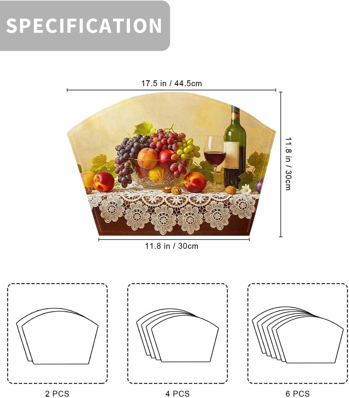 Round Table Placemats Set of 4, Rustic Grape Peach Apples Wine Wedge Table Mat Washable Placemat, Realistic Fruit Oil Painting Fan Shape Place Mats for Kitchen Indoor Outdoor