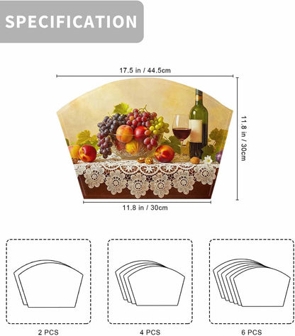 Round Table Placemats Set of 4, Rustic Grape Peach Apples Wine Wedge Table Mat Washable Placemat, Realistic Fruit Oil Painting Fan Shape Place Mats for Kitchen Indoor Outdoor