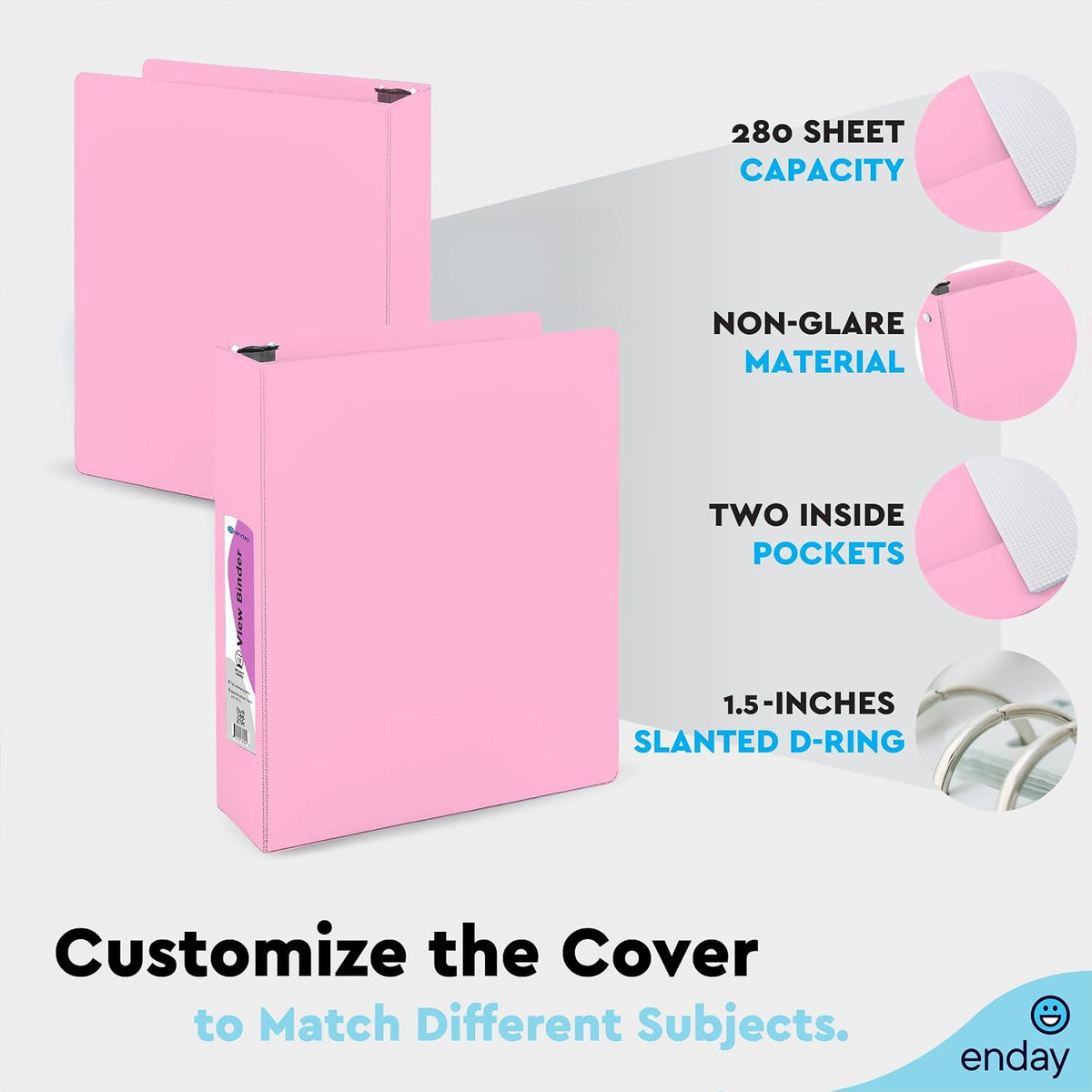 1.5 Inch Binder, Pink - 1.5 Inch 3 Ring Binder, Round Ring Pastel with Clear View Cover for Letter Size 8.5 x 11'' Paper & 2 Inside Pockets, Ideal for School Supplies, Office, and Home