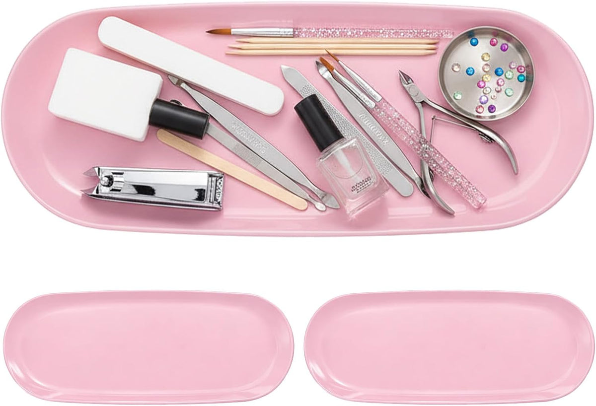 3 Pcs Small Plastic Pink Decorative Tray, 9 inch Manicure Tools Storage Tray, Jewelry Dish Cosmetics Organizer, Bathroom Clutter Serving Platter Small Storage Tray